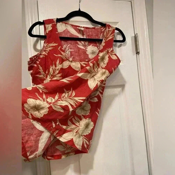 Kiko 100% Linen Pink Floral Round Neck Thick Strap Tank Top Hibiscus Size L - Picture 4 of 9